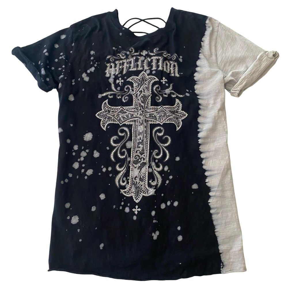 Y2K Affliction Jasmin T-Shirt Cross McBling Lace Up Detail Size Large